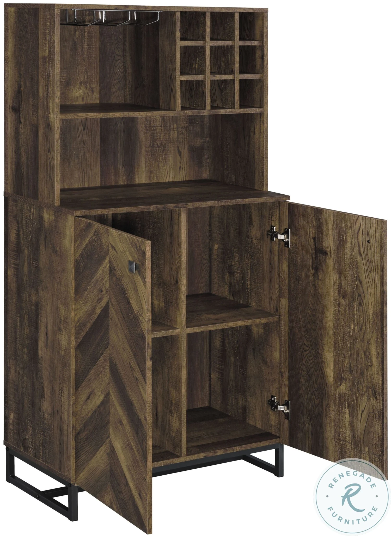 Mendoza Rustic Oak Herringbone And Gunmetal Wine Cabinet - Image 5