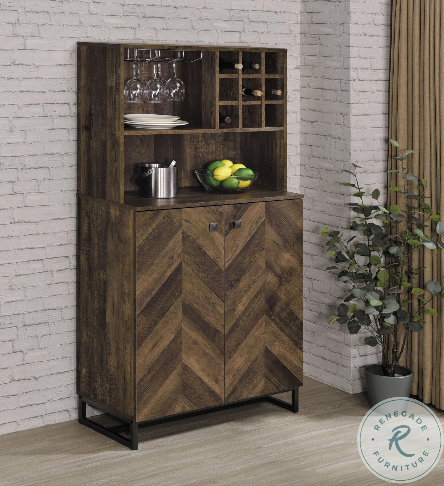 Mendoza Rustic Oak Herringbone And Gunmetal Wine Cabinet - Image 3