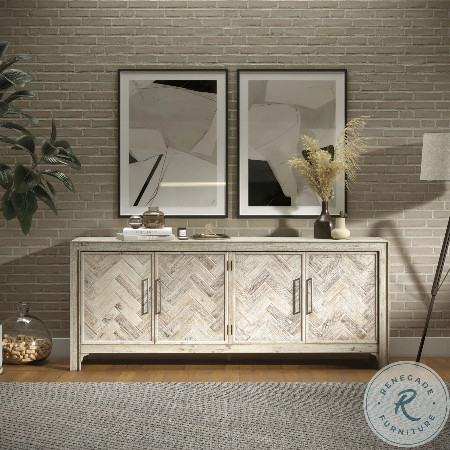 Gramercy Distressed Grey Wash Chevron Four Door 79" Accent Cabinet - Image 9