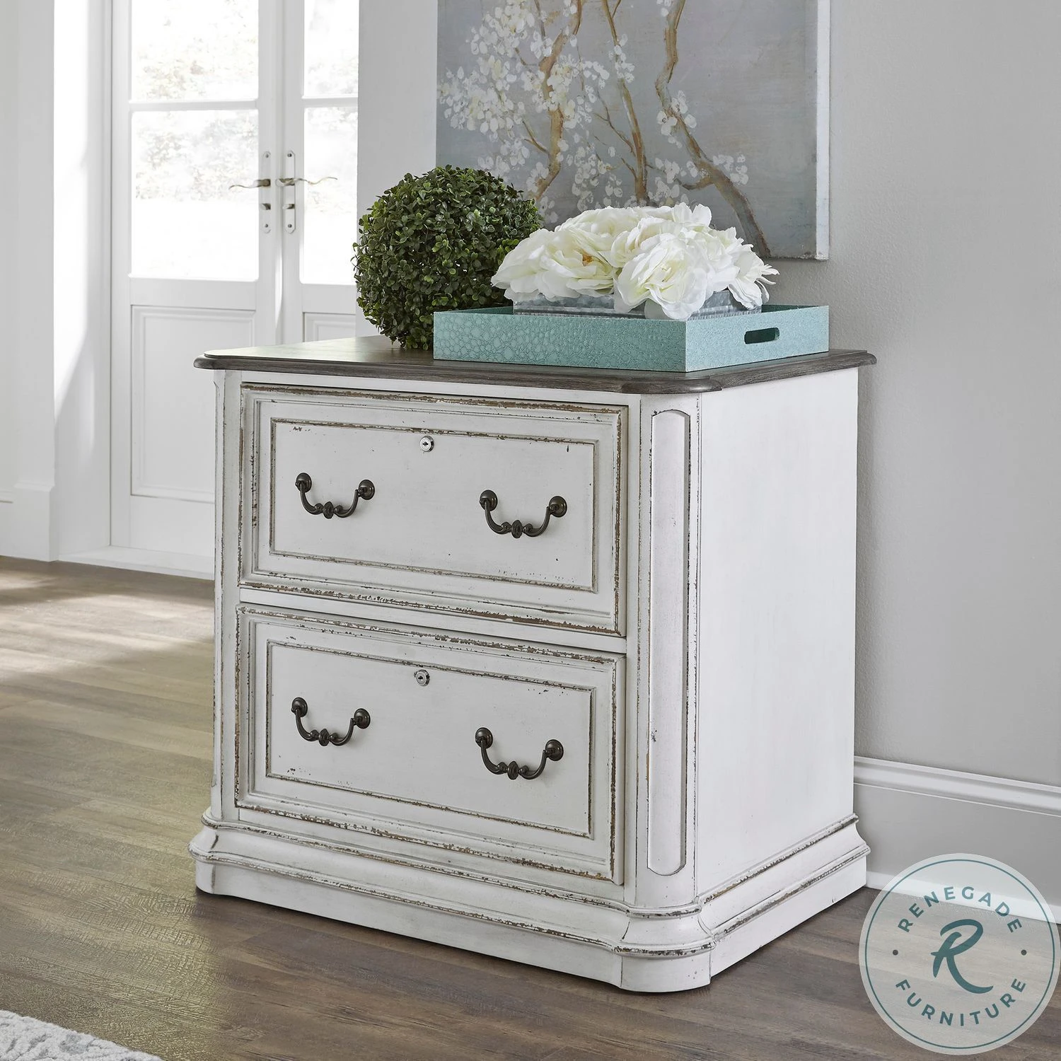 Magnolia Manor Antique White And Weathered Bark Jr Executive Media Lateral File Cabinet - Image 9