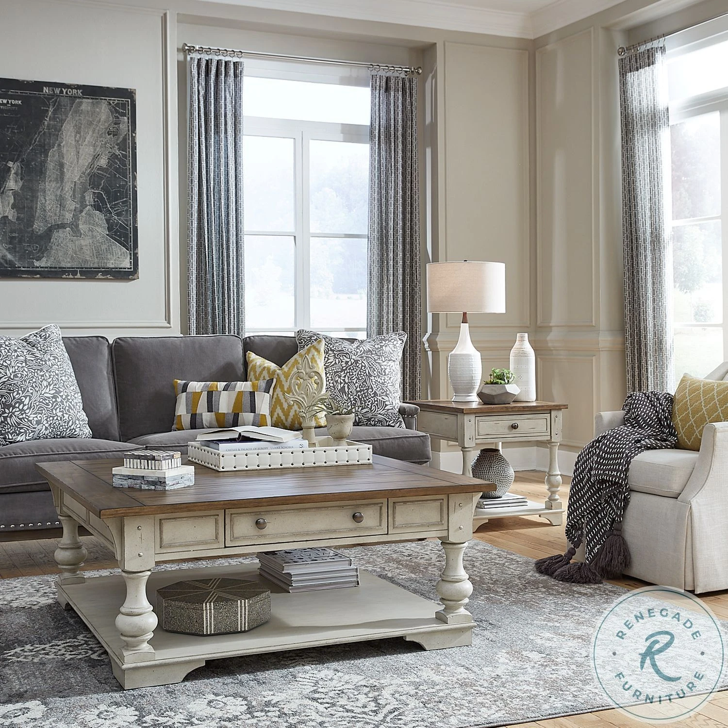 Morgan Creek Antique White And Wire Brushed Tobacco Drawer Square Occasional Table Set