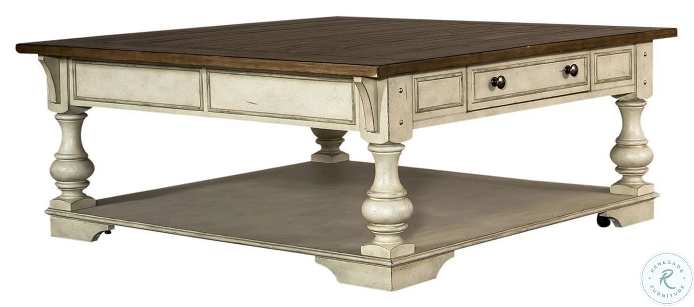 Morgan Creek Antique White And Wire Brushed Tobacco Drawer Square Occasional Table Set - Image 3