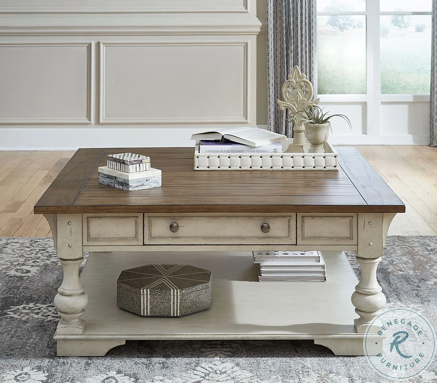 Morgan Creek Antique White And Wire Brushed Tobacco Drawer Square Occasional Table Set - Image 2