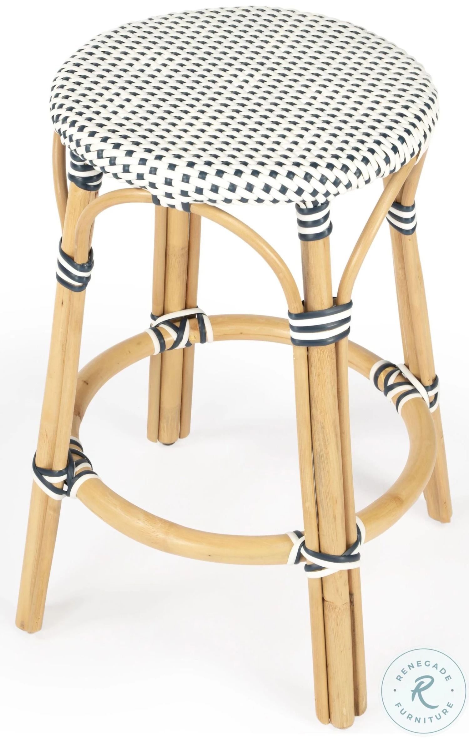 Tobias Navy And Cottage White Rattan Counter Height Stool
