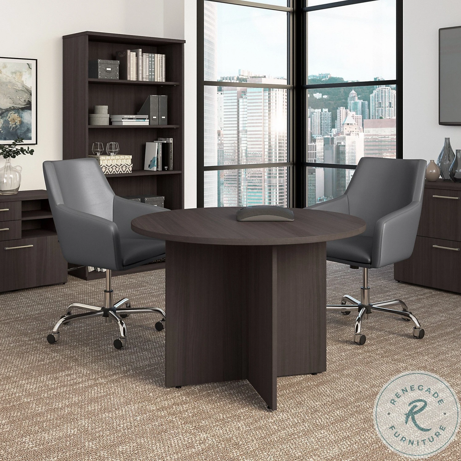 BBF Conference Storm Gray 42" Round Conference Table With Wood Base - Image 6