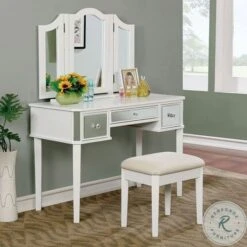 Clarisse White Vanity With Mirror And Stool