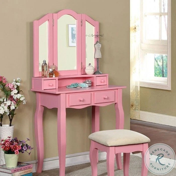 Janelle Pink Vanity With Mirror And Stool - Image 3