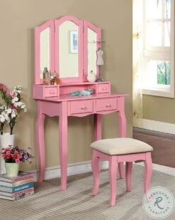 Janelle Pink Vanity With Mirror And Stool