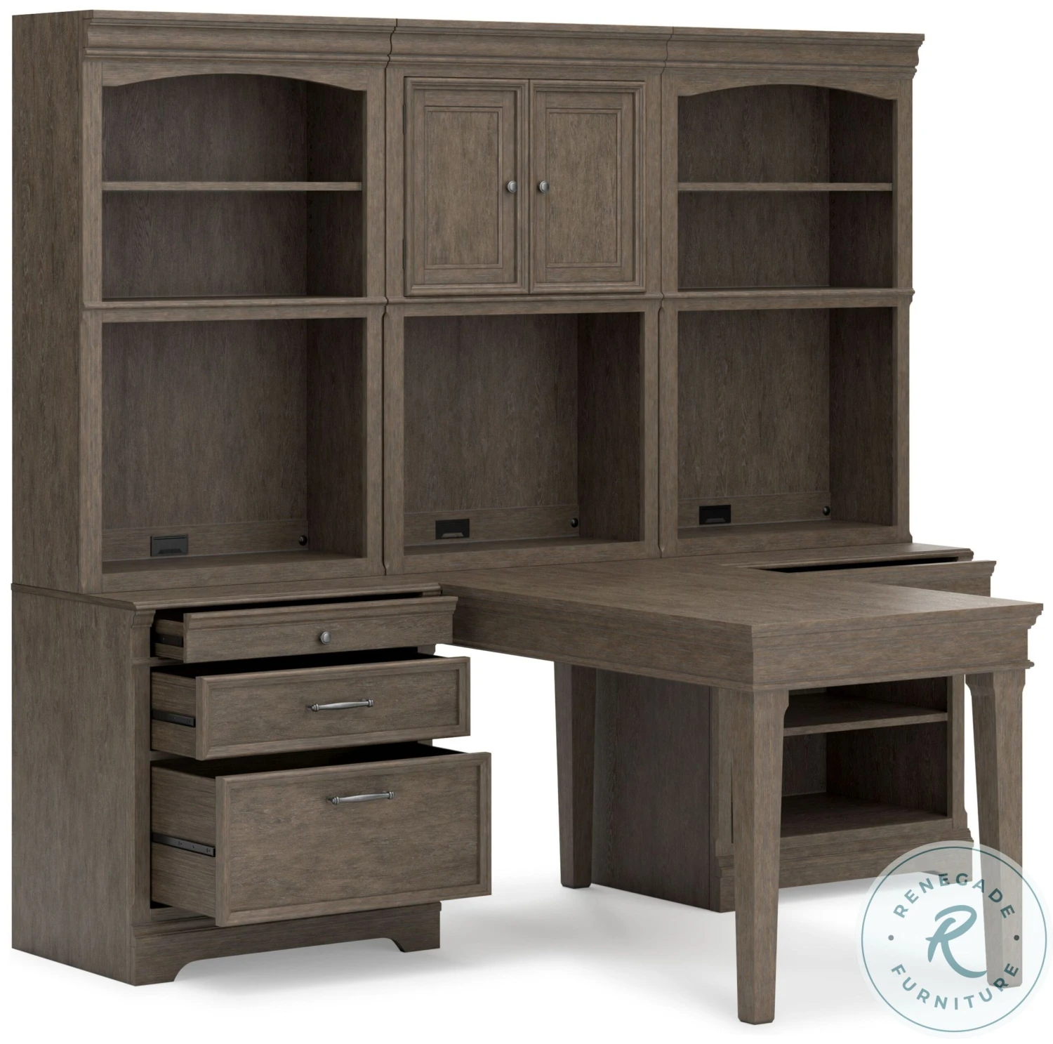 Janismore Weathered Grey Desk With Double Bookcase And Hutch - Image 3