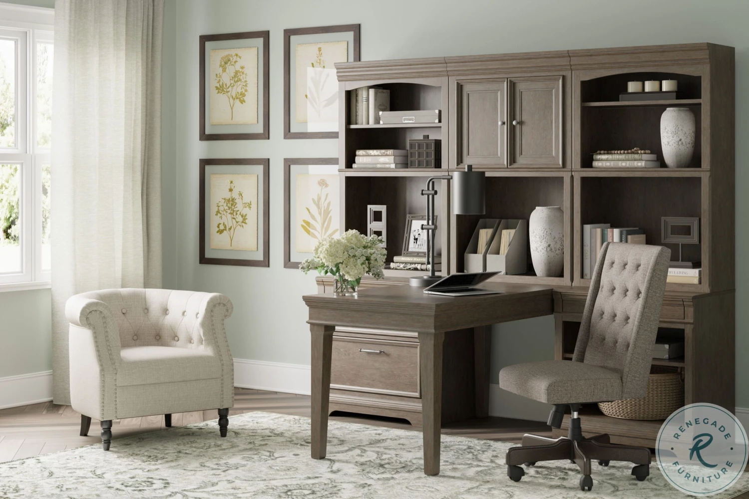 Janismore Weathered Grey Desk With Double Bookcase And Hutch - Image 2