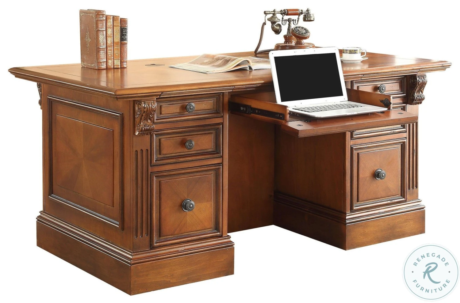 Hayes Antique Vintage Pecan Double Pedestal Executive Desk