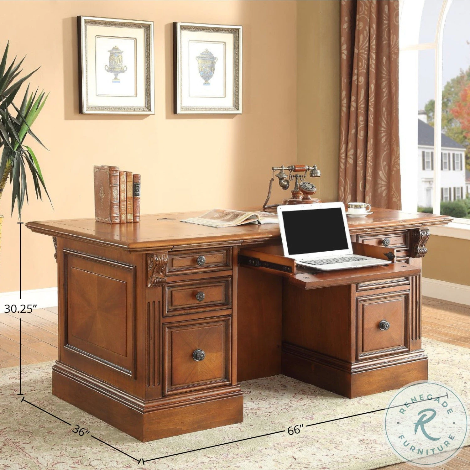 Hayes Antique Vintage Pecan Double Pedestal Executive Desk - Image 3