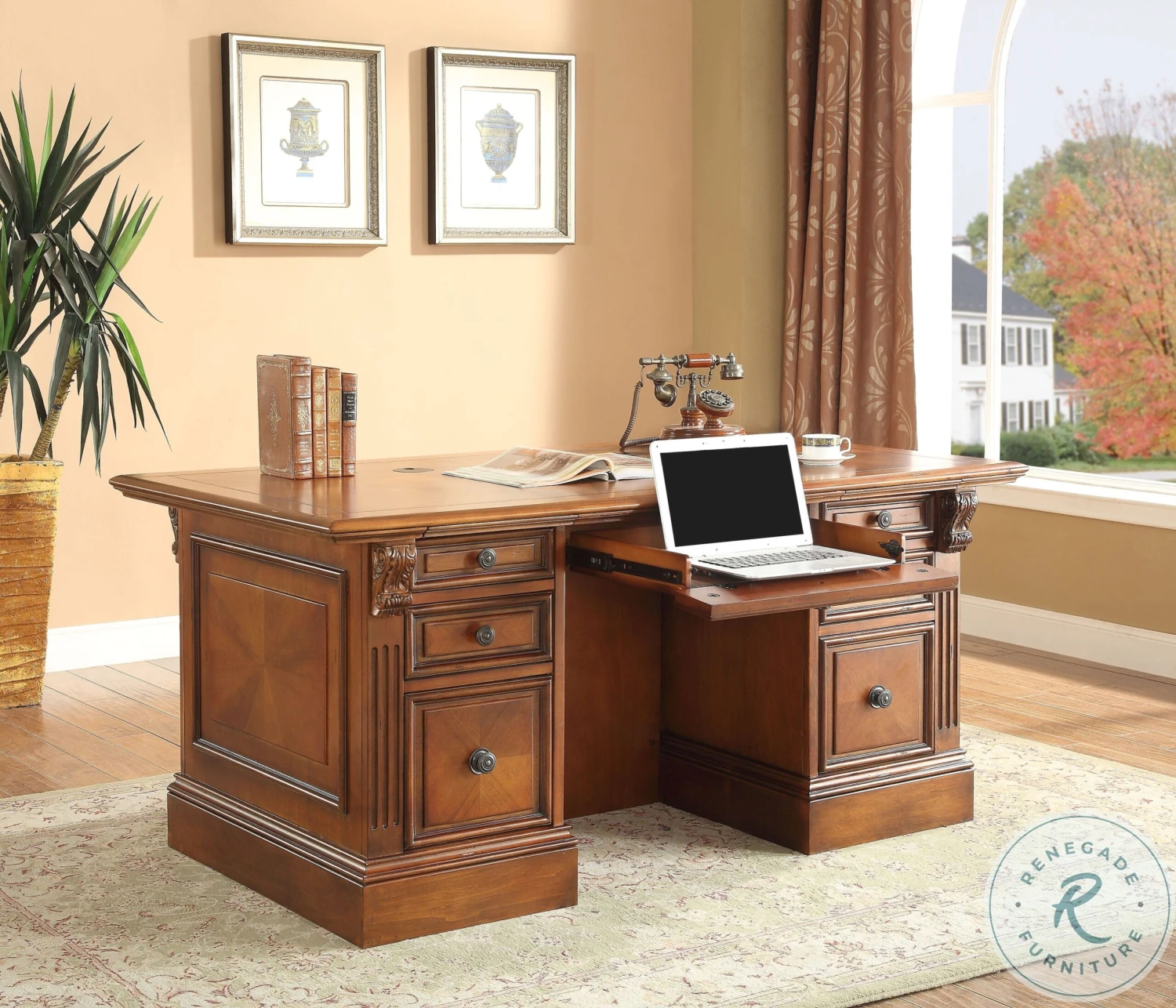 Hayes Antique Vintage Pecan Double Pedestal Executive Desk - Image 4