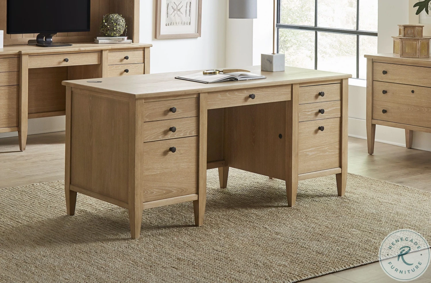 Laurel Unique Natural Double Pedestal Home Office Set - Image 3