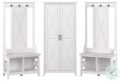 Key West Pure White Oak Entryway Storage Set With Hall Tree Shoe Bench And Tall Cabinet