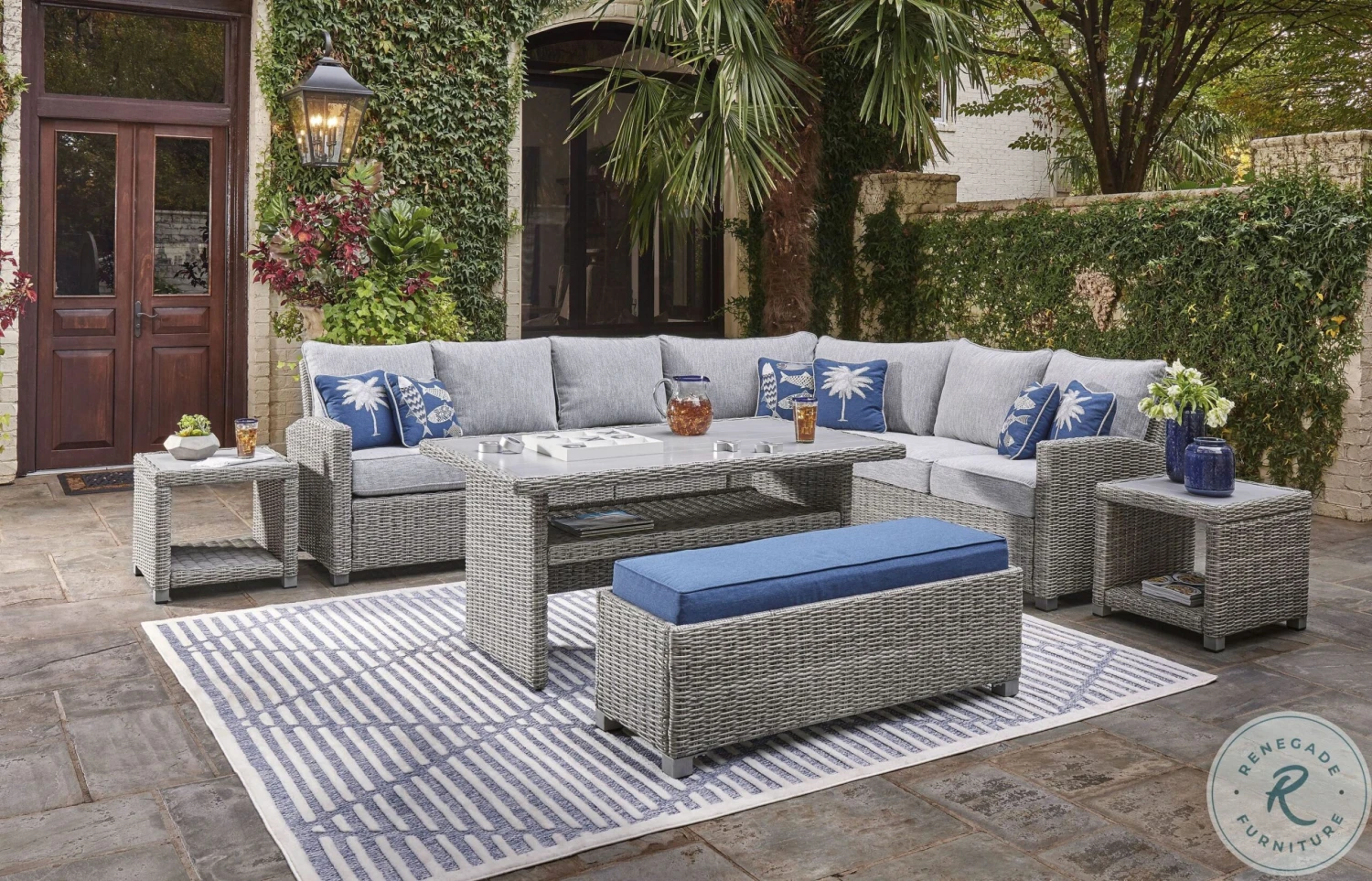 Naples Beach Light Grey And Blue Outdoor Bench - Image 2