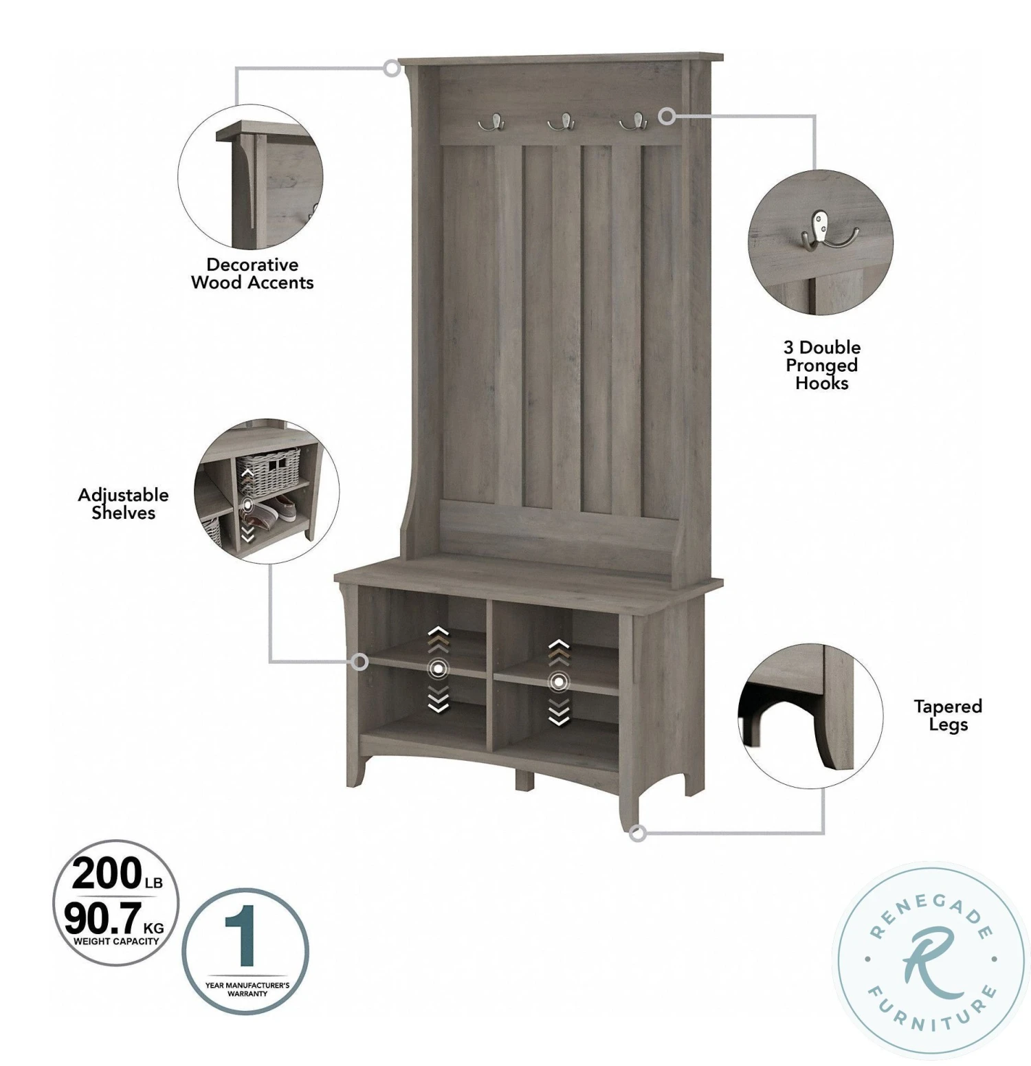 Salinas Driftwood Gray Hall Tree With Shoe Storage Bench - Image 3