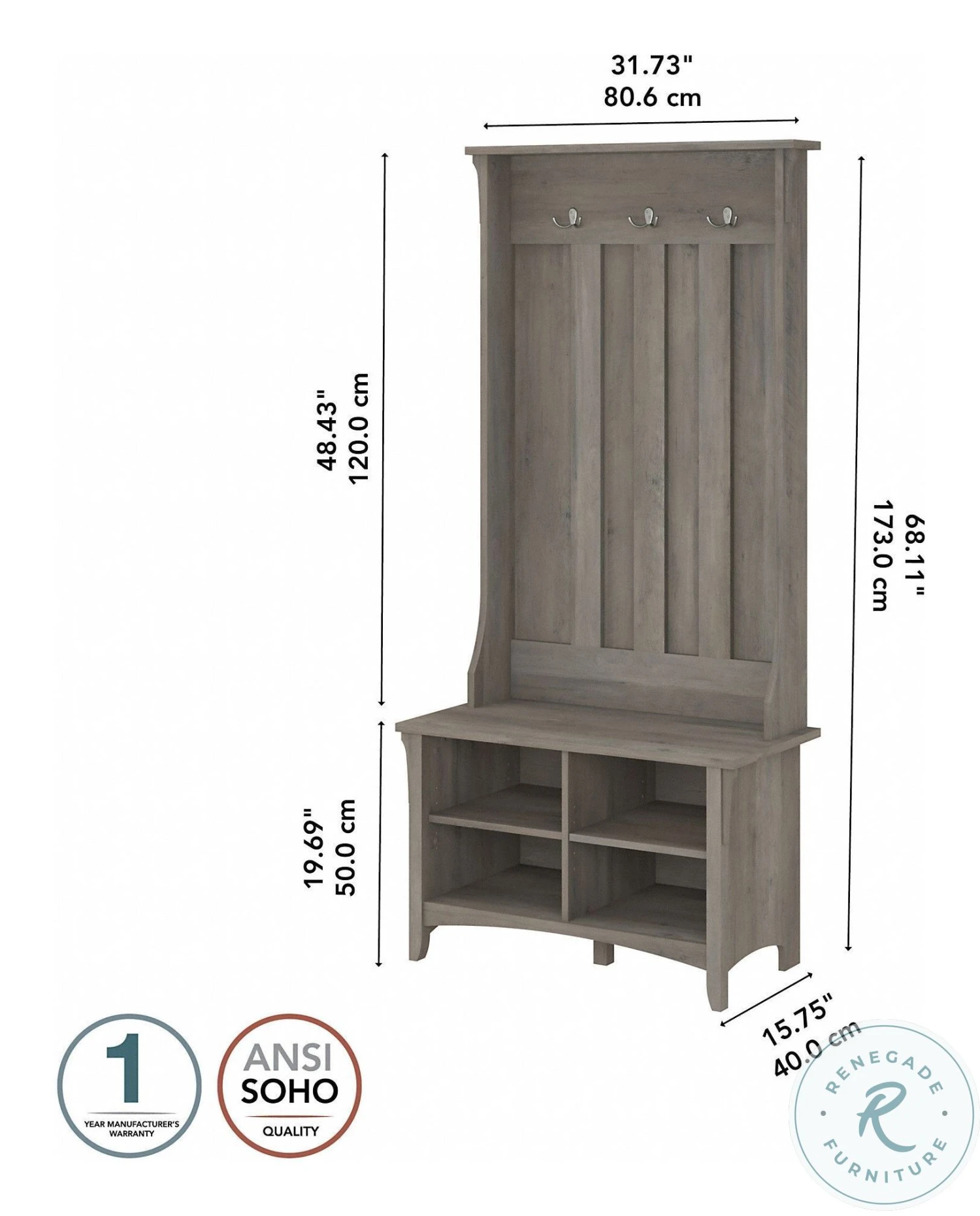 Salinas Driftwood Gray Hall Tree With Shoe Storage Bench - Image 2